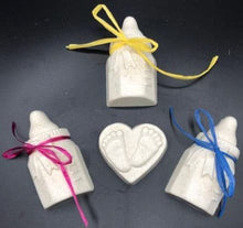 Load image into Gallery viewer, Baby bottle and heart shaped baby footprint oatmeal soaps