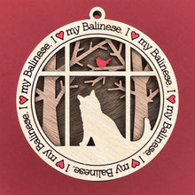 Load image into Gallery viewer, Share the love for our furry friends with these beautiful cat ornaments!  100 different options available.  Send us the name you'd like personalized on it & we'll add it to your ornament.  Our standard background is the trees with the cardinal in them.  If you'd like a different background, please contact us.