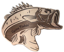 Load image into Gallery viewer, Bass fish jumping out of the water.  The front is made of maple plywood and the backer is walnut.  Customizable with personalized wording or options to add Dad, Papa, Grandpa or Uncle to make it the perfect gift for the fisherman in your life.  Custom home decor is all handmade.