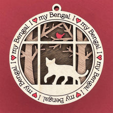 Load image into Gallery viewer, Share the love for our furry friends with these beautiful cat ornaments!  100 different options available.  Send us the name you'd like personalized on it & we'll add it to your ornament.  Our standard background is the trees with the cardinal in them.  If you'd like a different background, please contact us.