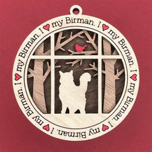 Load image into Gallery viewer, Share the love for our furry friends with these beautiful cat ornaments!  100 different options available.  Send us the name you'd like personalized on it & we'll add it to your ornament.  Our standard background is the trees with the cardinal in them.  If you'd like a different background, please contact us.