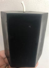 Load image into Gallery viewer, 3" tall, hexagonal shaped, black beeswax pillar candle adds a unique twist to the typical pillar candle & adds some character and originality to any home.  These candles last many hours to alight your home with a beautiful, relaxing glow.  Great as a housewarming gift, wedding gift, or for use in meditation or worship.