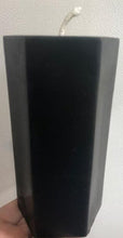 Load image into Gallery viewer, 6" tall black hexagonal shaped pillar candle adds a unique twist to the typical pillar candle & adds some character and originality to any home.  These candles last many hours to alight your home with a beautiful, relaxing glow.  Great as a housewarming gift, wedding gift, or for use in meditation or worship.