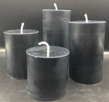 Load image into Gallery viewer, These beautiful Black Beeswax Pillar Candles make a striking addition to any centerpiece or mantle display.  They're also perfect for Halloween decorating.  These long burning candles will light up your space for many hours with their amazingly bright glow.    Available in 3 sizes: