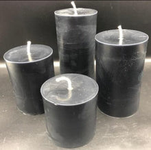 Load image into Gallery viewer, These beautiful Black Beeswax Pillar Candles make a striking addition to any centerpiece or mantle display.  They're also perfect for Halloween decorating.  These long burning candles will light up your space for many hours with their amazingly bright glow.    Available in 3 sizes:
