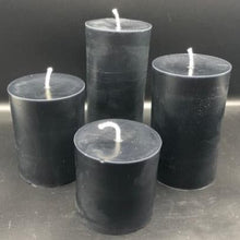 Load image into Gallery viewer, These beautiful Black Beeswax Pillar Candles make a striking addition to any centerpiece or mantle display.  They're also perfect for Halloween decorating.  These long burning candles will light up your space for many hours with their amazingly bright glow.    Available in 3 sizes: