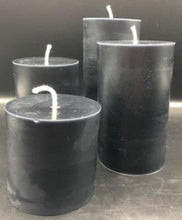 Load image into Gallery viewer, These beautiful Black Beeswax Pillar Candles make a striking addition to any centerpiece or mantle display.  They're also perfect for Halloween decorating.  These long burning candles will light up your space for many hours with their amazingly bright glow.    Available in 3 sizes: