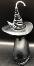 Load image into Gallery viewer, A beautiful addition to any Halloween display, this Black Cat Beeswax Candle sports a black witches hat with the triple moon on the front.  Back view.