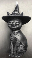 Load image into Gallery viewer, A beautiful addition to any Halloween display, this Black Cat Beeswax Candle sports a black witches hat with the triple moon on the front.