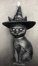 Load image into Gallery viewer, A beautiful addition to any Halloween display, this Black Cat Beeswax Candle sports a black witches hat with the triple moon on the front.