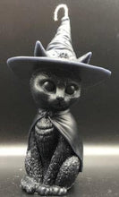 Load image into Gallery viewer, A beautiful addition to any Halloween display, this Black Cat Beeswax Candle sports a black witches hat with the triple moon on the front.