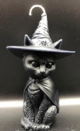A beautiful addition to any Halloween display, this Black Cat Beeswax Candle sports a black witches hat with the triple moon on the front.