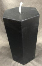 Load image into Gallery viewer, 6" tall black hexagonal shaped pillar candle adds a unique twist to the typical pillar candle & adds some character and originality to any home. These candles last many hours to alight your home with a beautiful, relaxing glow. Great as a housewarming gift, wedding gift, or for use in meditation or worship.