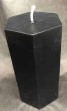 Load image into Gallery viewer, 6" tall black hexagonal shaped pillar candle adds a unique twist to the typical pillar candle & adds some character and originality to any home. These candles last many hours to alight your home with a beautiful, relaxing glow. Great as a housewarming gift, wedding gift, or for use in meditation or worship.
