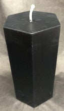 Load image into Gallery viewer, 6" tall black hexagonal shaped pillar candle adds a unique twist to the typical pillar candle & adds some character and originality to any home. These candles last many hours to alight your home with a beautiful, relaxing glow. Great as a housewarming gift, wedding gift, or for use in meditation or worship.