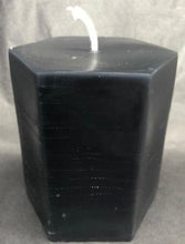 Load image into Gallery viewer, 3" tall, hexagonal shaped, black beeswax pillar candle adds a unique twist to the typical pillar candle & adds some character and originality to any home. These candles last many hours to alight your home with a beautiful, relaxing glow. Great as a housewarming gift, wedding gift, or for use in meditation or worship.