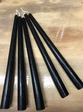 Load image into Gallery viewer, Light up your Halloween decor with these Black Taper Candles made of all-natural beeswax.  Taper candles just add that special effect to any centerpiece.  That magical glow of the firelight warms the room and takes your decorating to the next level while adding a bit of height without blocking your view.  Also fantastic for Halloween wedding decor.  Imagine a candelabra with a set of black tapers setting your Halloween decor alight!