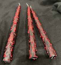 Load image into Gallery viewer, Add that extra bit of creepy to your Halloween decor with these 10" Bloody Black Taper Beeswax Candles.  Drops & smears of blood decorate the outside of these incredible tapers.  Perfect for your Halloween party!