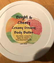 Load image into Gallery viewer, Bright &amp; Cheery citrus essential oil creamy body butter moisturizes your skin and seals in the moisture with a bit of beeswax and shea butter. Handmade in the USA.
