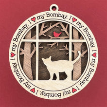 Load image into Gallery viewer, Share the love for our furry friends with these beautiful cat ornaments!  100 different options available.  Send us the name you'd like personalized on it & we'll add it to your ornament.  Our standard background is the trees with the cardinal in them.  If you'd like a different background, please contact us.