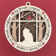 Load image into Gallery viewer, Share the love for our furry friends with these beautiful cat ornaments!  100 different options available.  Send us the name you'd like personalized on it & we'll add it to your ornament.  Our standard background is the trees with the cardinal in them.  If you'd like a different background, please contact us.