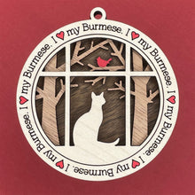 Load image into Gallery viewer, Share the love for our furry friends with these beautiful cat ornaments!  100 different options available.  Send us the name you'd like personalized on it & we'll add it to your ornament.  Our standard background is the trees with the cardinal in them.  If you'd like a different background, please contact us.