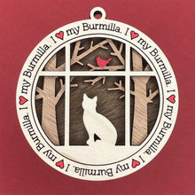 Load image into Gallery viewer, Share the love for our furry friends with these beautiful cat ornaments!  100 different options available.  Send us the name you'd like personalized on it & we'll add it to your ornament.  Our standard background is the trees with the cardinal in them.  If you'd like a different background, please contact us.