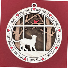 Load image into Gallery viewer, Share the love for our furry friends with these beautiful cat ornaments!  100 different options available.  Send us the name you'd like personalized on it & we'll add it to your ornament.  Our standard background is the trees with the cardinal in them.  If you'd like a different background, please contact us.