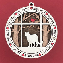 Load image into Gallery viewer, Share the love for our furry friends with these beautiful cat ornaments!  100 different options available.  Send us the name you'd like personalized on it & we'll add it to your ornament.  Our standard background is the trees with the cardinal in them.  If you'd like a different background, please contact us.