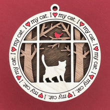 Load image into Gallery viewer, Share the love for our furry friends with these beautiful cat ornaments!  100 different options available.  Send us the name you'd like personalized on it & we'll add it to your ornament.  Our standard background is the trees with the cardinal in them.  If you'd like a different background, please contact us.