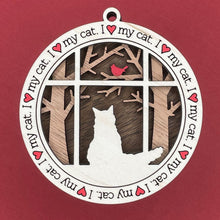 Load image into Gallery viewer, Share the love for our furry friends with these beautiful cat ornaments!  100 different options available.  Send us the name you'd like personalized on it & we'll add it to your ornament.  Our standard background is the trees with the cardinal in them.  If you'd like a different background, please contact us.