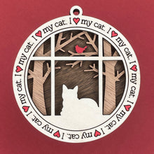 Load image into Gallery viewer, Share the love for our furry friends with these beautiful cat ornaments!  100 different options available.  Send us the name you'd like personalized on it & we'll add it to your ornament.  Our standard background is the trees with the cardinal in them.  If you'd like a different background, please contact us.