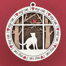 Load image into Gallery viewer, Share the love for our furry friends with these beautiful cat ornaments!  100 different options available.  Send us the name you'd like personalized on it & we'll add it to your ornament.  Our standard background is the trees with the cardinal in them.  If you'd like a different background, please contact us.