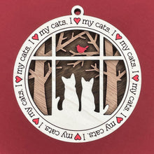 Load image into Gallery viewer, Share the love for our furry friends with these beautiful cat ornaments!  100 different options available.  Send us the name you'd like personalized on it & we'll add it to your ornament.  Our standard background is the trees with the cardinal in them.  If you'd like a different background, please contact us.