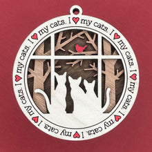 Load image into Gallery viewer, Share the love for our furry friends with these beautiful cat ornaments!  100 different options available.  Send us the name you'd like personalized on it & we'll add it to your ornament.  Our standard background is the trees with the cardinal in them.  If you'd like a different background, please contact us.