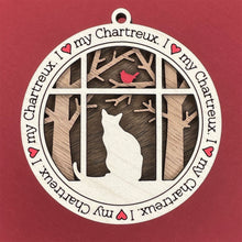 Load image into Gallery viewer, Share the love for our furry friends with these beautiful cat ornaments!  100 different options available.  Send us the name you'd like personalized on it & we'll add it to your ornament.  Our standard background is the trees with the cardinal in them.  If you'd like a different background, please contact us.