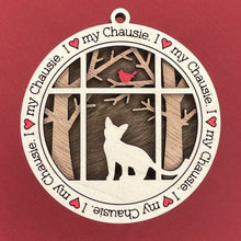 Load image into Gallery viewer, Share the love for our furry friends with these beautiful cat ornaments!  100 different options available.  Send us the name you'd like personalized on it & we'll add it to your ornament.  Our standard background is the trees with the cardinal in them.  If you'd like a different background, please contact us.