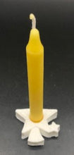 Load image into Gallery viewer, Set of 12 Chime Beeswax Candles. These are the perfect candle to bring attention and intention to the moment. Packaged in bags of 12. Kept out of drafts and away from fans, these mini tapers will burn virtually dripless for roughly two hours. Perfect for meditation, prayer candles, ritual candles or alter candles. Available in Natural (gold) beeswax, cream, purple, pink, red, blue, green, orange, brown or black.