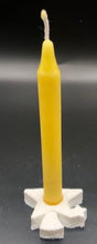 Load image into Gallery viewer, Set of 12 Chime Beeswax Candles. These are the perfect candle to bring attention and intention to the moment. Packaged in bags of 12. Kept out of drafts and away from fans, these mini tapers will burn virtually dripless for roughly two hours. Perfect for meditation, prayer candles, ritual candles or alter candles. Available in Natural (gold) beeswax, cream, purple, pink, red, blue, green, orange, brown or black.