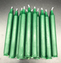 Load image into Gallery viewer, Set of 12 Chime Beeswax Candles.  These are the perfect candle to bring attention and intention to the moment.  Packaged in bags of 12.  Kept out of drafts and away from fans, these mini tapers will burn virtually dripless for roughly two hours.  Perfect for meditation, prayer candles, ritual candles or alter candles.  Available in Natural (gold) beeswax, cream, purple, pink, red, blue, green, orange, brown or black.  Shown in green