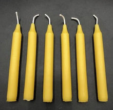 Load image into Gallery viewer, Set of 12 Chime Beeswax Candles.  These are the perfect candle to bring attention and intention to the moment.  Packaged in bags of 12.  Kept out of drafts and away from fans, these mini tapers will burn virtually dripless for roughly two hours.  Perfect for meditation, prayer candles, ritual candles or alter candles.  Available in Natural (gold) beeswax, cream, purple, pink, red, blue, green, orange, brown or black.