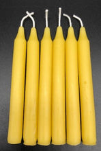 Load image into Gallery viewer, Set of 12 Chime Beeswax Candles.  These are the perfect candle to bring attention and intention to the moment.  Packaged in bags of 12.  Kept out of drafts and away from fans, these mini tapers will burn virtually dripless for roughly two hours.  Perfect for meditation, prayer candles, ritual candles or alter candles.  Available in Natural (gold) beeswax, cream, purple, pink, red, blue, green, orange, brown or black.
