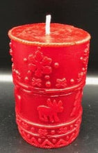 Load image into Gallery viewer, A great addition to any holiday decor, this Christmas Beeswax Pillar Candle is decorated with snowflakes, Christmas trees and cute little moose. Makes a wonderful gift, addition to your Christmas decor, or as a centerpiece. Available in red, green or natural yellow beeswax.