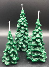 Load image into Gallery viewer, Christmas comes but once a year, so get these soon, the holidays are near! Available are three spruce Christmas tree beeswax candles that make the perfect Christmas decor / holiday decor. These homemade candles (a completely natural candle) add a great warm, cozy, bright glow to your home or office this holiday season. Great as gifts or as an addition to your holiday or cabin decorations.