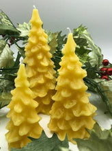 Load image into Gallery viewer, Christmas tree shaped beeswax candles available in three sizes. All natural. Handmade in the USA.