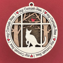 Load image into Gallery viewer, Share the love for our furry friends with these beautiful cat ornaments!  100 different options available.  Send us the name you'd like personalized on it & we'll add it to your ornament.  Our standard background is the trees with the cardinal in them.  If you'd like a different background, please contact us.