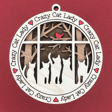 Load image into Gallery viewer, Share the love for our furry friends with these beautiful cat ornaments!  100 different options available.  Send us the name you'd like personalized on it & we'll add it to your ornament.  Our standard background is the trees with the cardinal in them.  If you'd like a different background, please contact us.