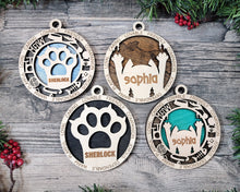 Load image into Gallery viewer, Share the love for our furry friends with these beautiful cat ornaments!  7 different options available.  Send us the name you'd like personalized on it & we'll add it to your ornament.  Please let us know if you'd like a certain background color