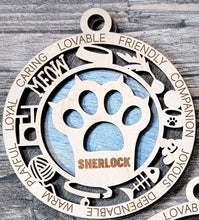 Load image into Gallery viewer, Share the love for our furry friends with these beautiful cat ornaments! 7 different options available. Send us the name you'd like personalized on it & we'll add it to your ornament. Please let us know if you'd like a certain background color
