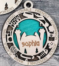 Load image into Gallery viewer, Share the love for our furry friends with these beautiful cat ornaments! 7 different options available. Send us the name you'd like personalized on it & we'll add it to your ornament. Please let us know if you'd like a certain background color